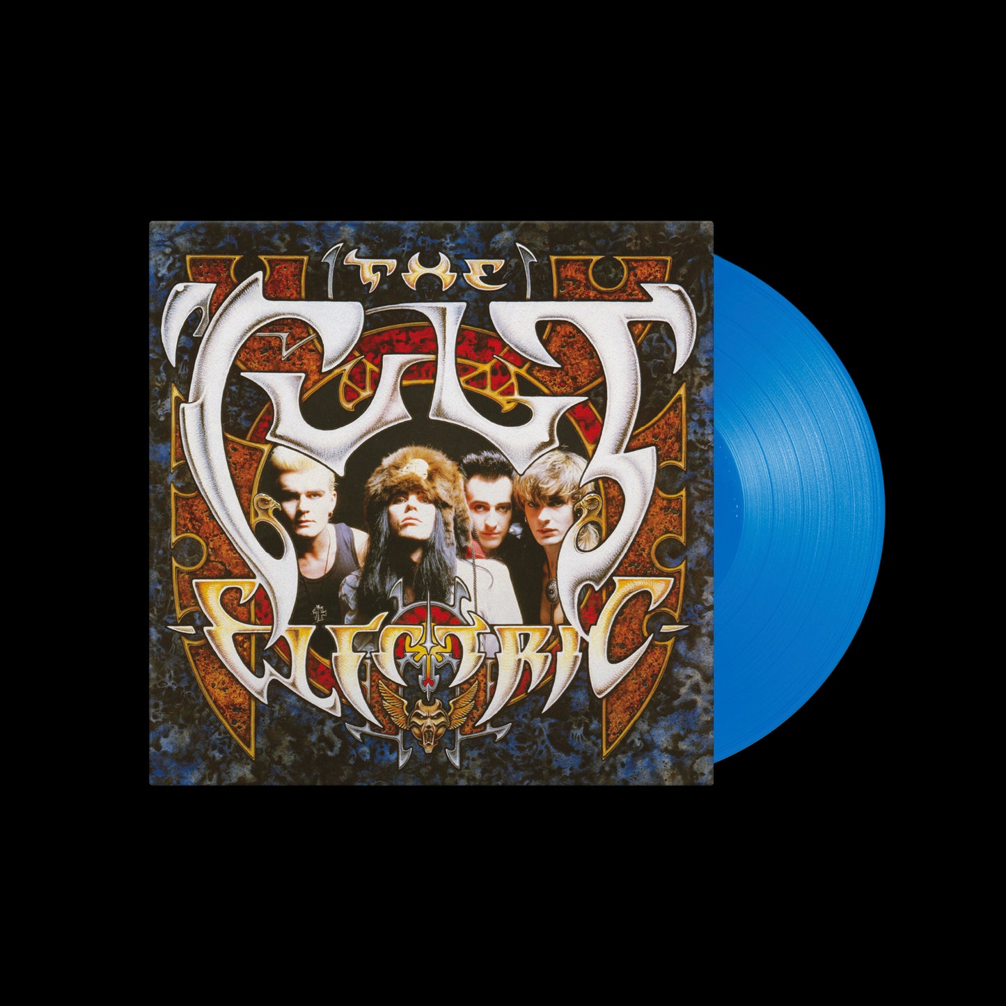 The Cult Electric album cover with a blue vinyl record disc on the right.