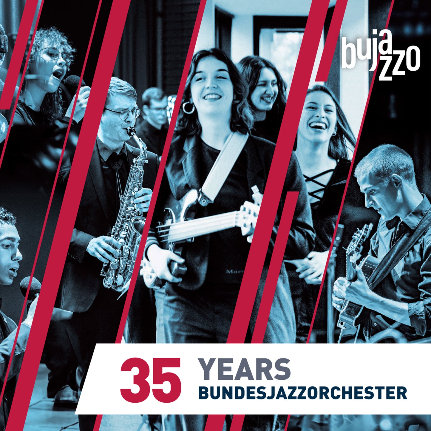 CD cover featuring musicians playing instruments, celebrating 35 years of Bundesjazzorchester.