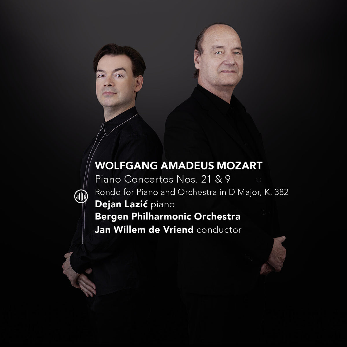 CD cover featuring portraits of two men and text listing Mozart’s works.