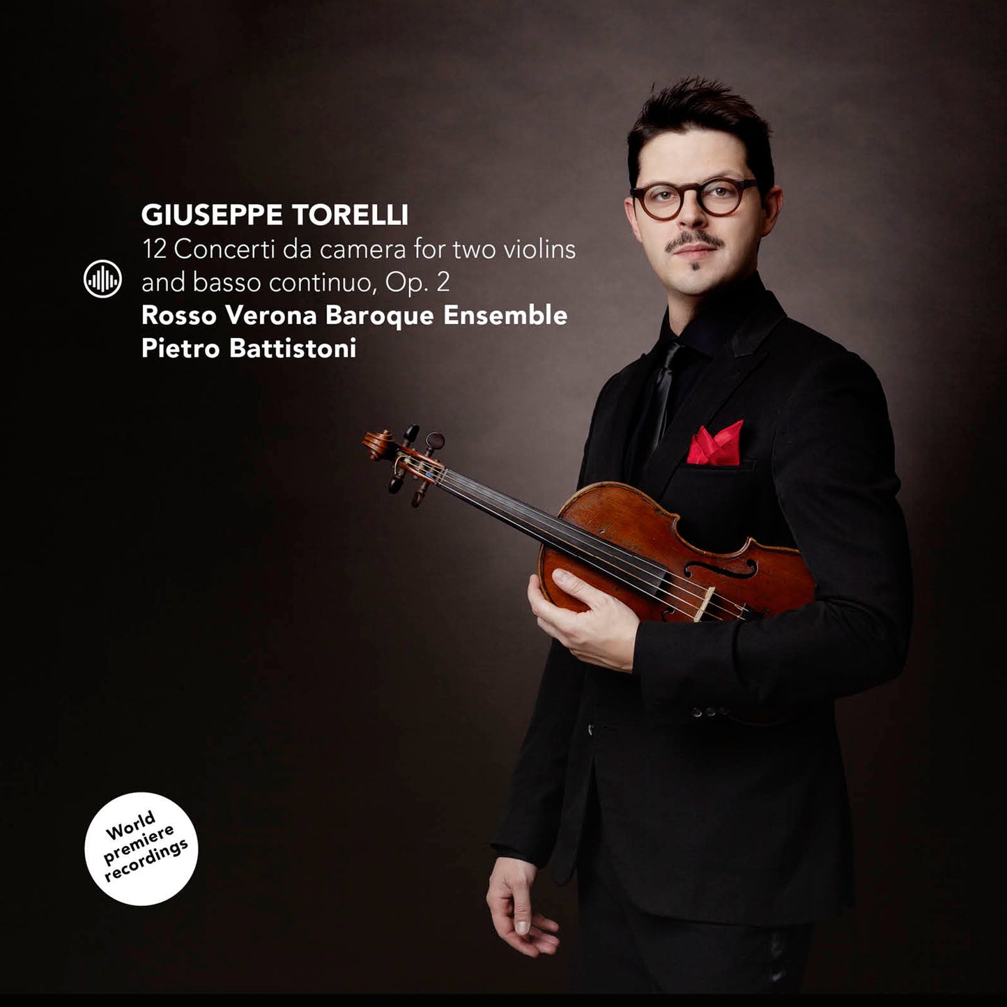 CD cover featuring Pietro Battistoni with a violin, text details Torelli’s music.