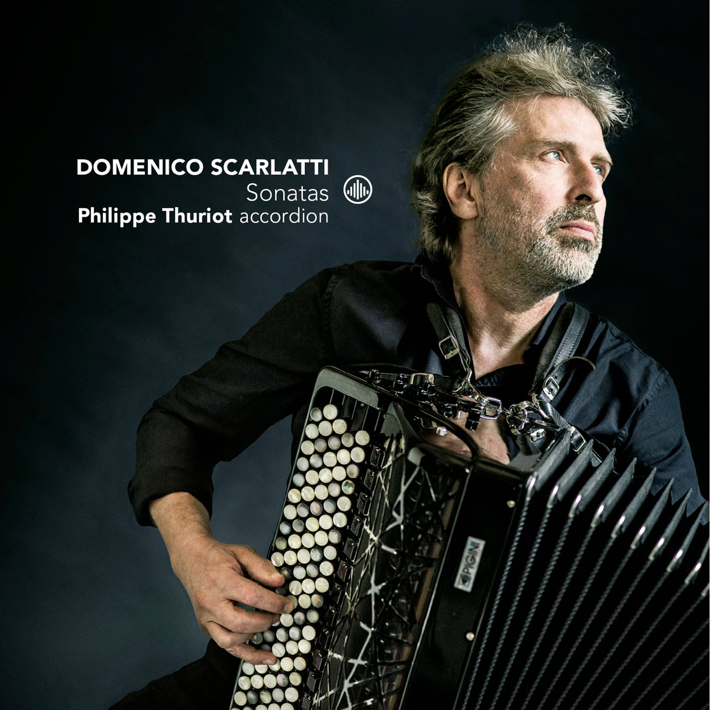 Accordionist Philippe Thuriot portrait with his instrument, album cover art.