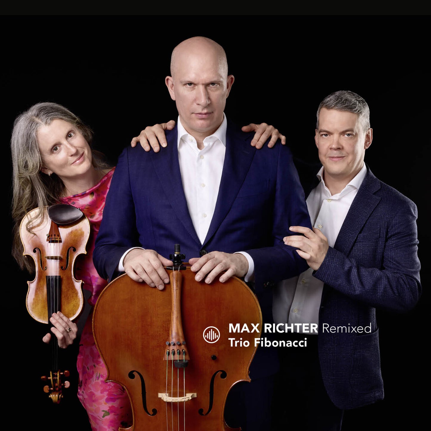 Trio Fibonacci musicians with violin, cello, and conductor pose for album cover.