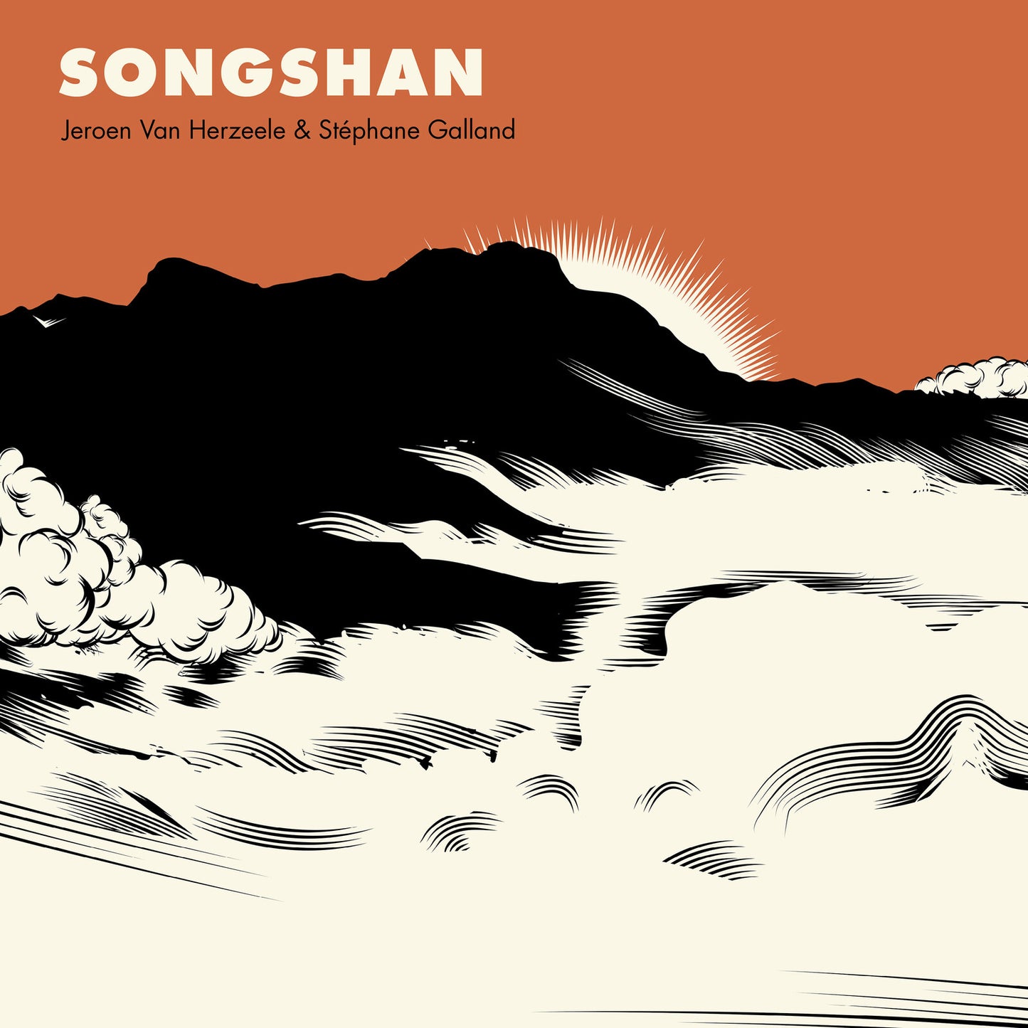 CD cover: black mountains and clouds on an orange background.