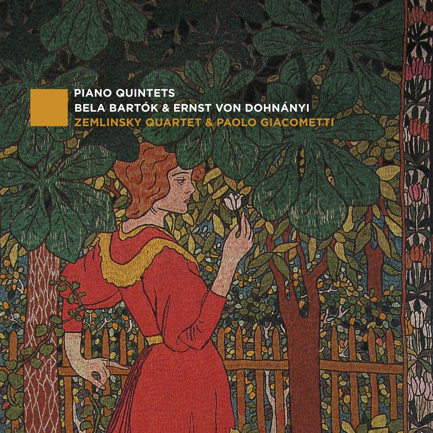 CD cover featuring a stylized floral tapestry and a woman playing a lyre.