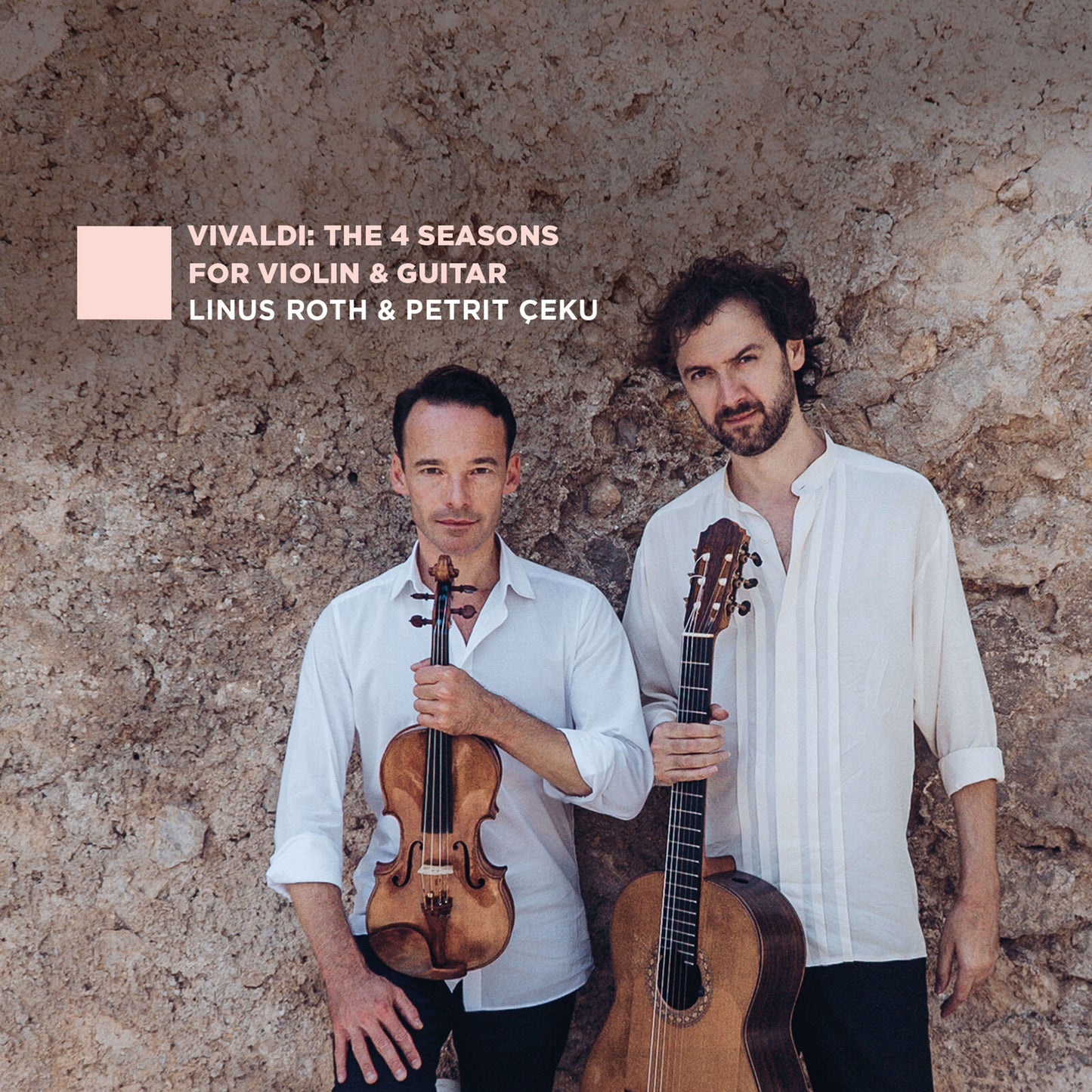 Two musicians with violin and guitar, album cover for Vivaldi’s “The 4 Seasons”.
