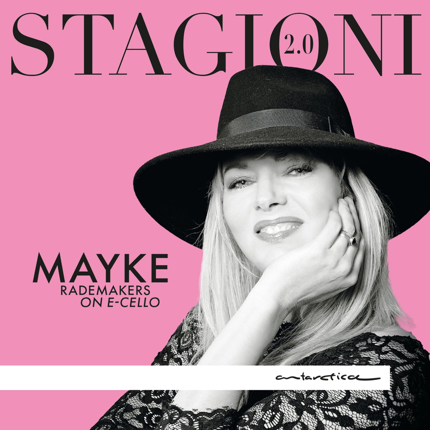 CD cover: Mayke Rademakers in a hat, pink background, cello text.