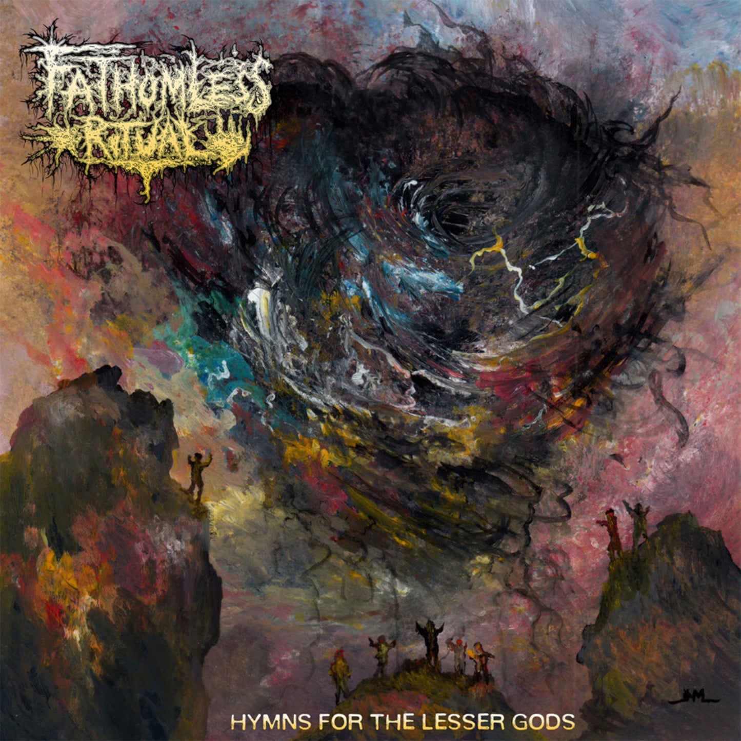 Painted album cover featuring a swirling, monstrous face over a mountainous landscape.