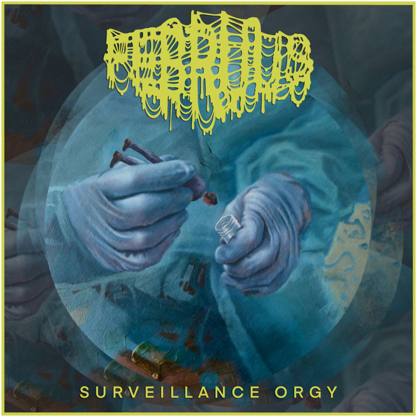 CD cover with distorted yellow text over a blue, hand-like image.
