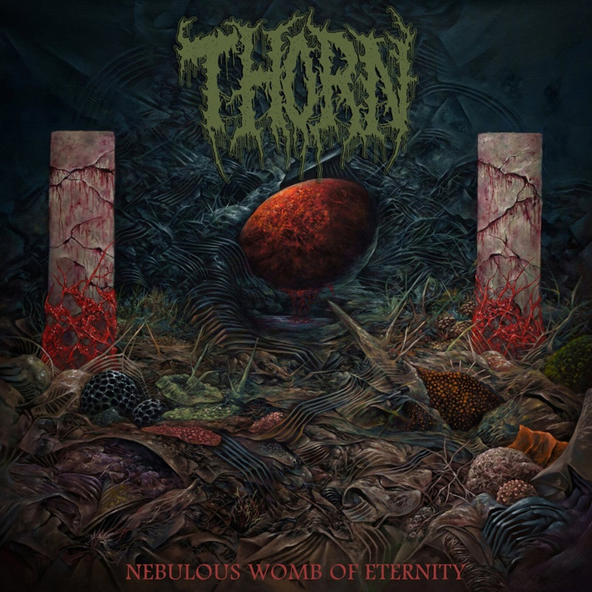 Dark album cover with organic shapes, thorns, and the band name "Thorn".