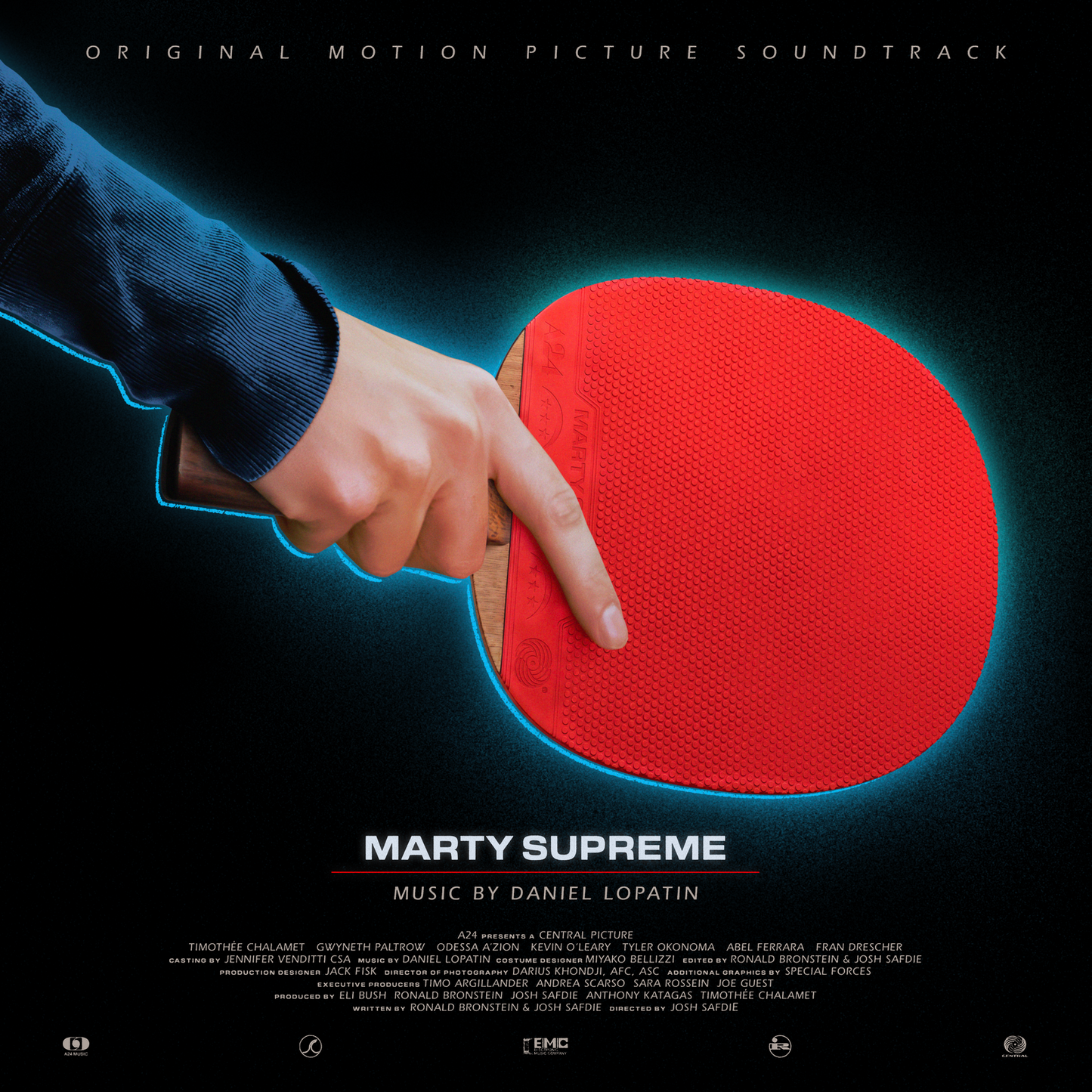 “Marty Supreme” soundtrack vinyl cover with a man holding a red frisbee.