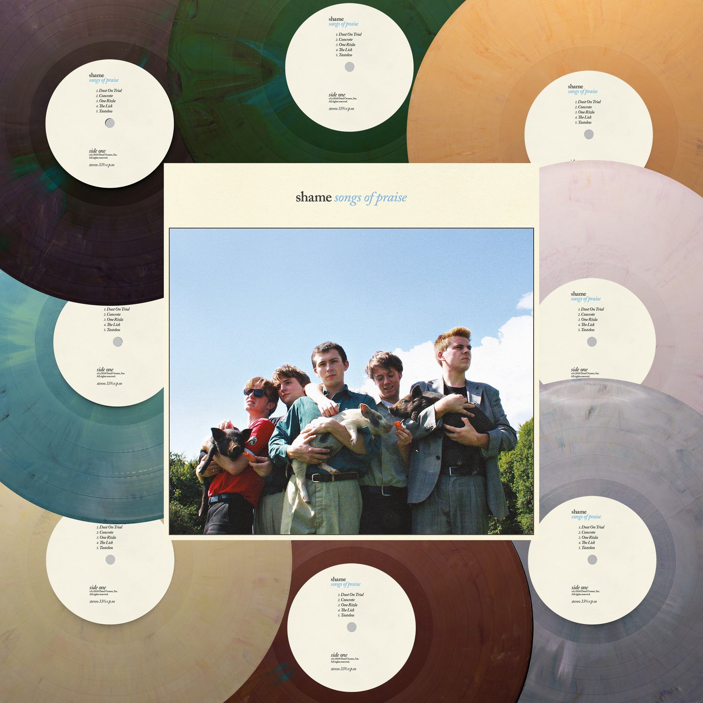 Vinyl record of Shame’s “Songs of Praise” with band portrait.