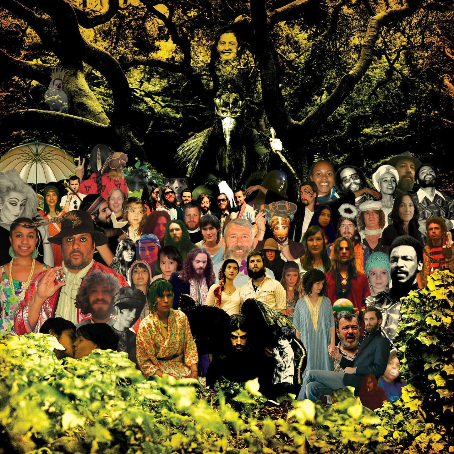 Collage of diverse faces and figures amidst dense, dark foliage.
