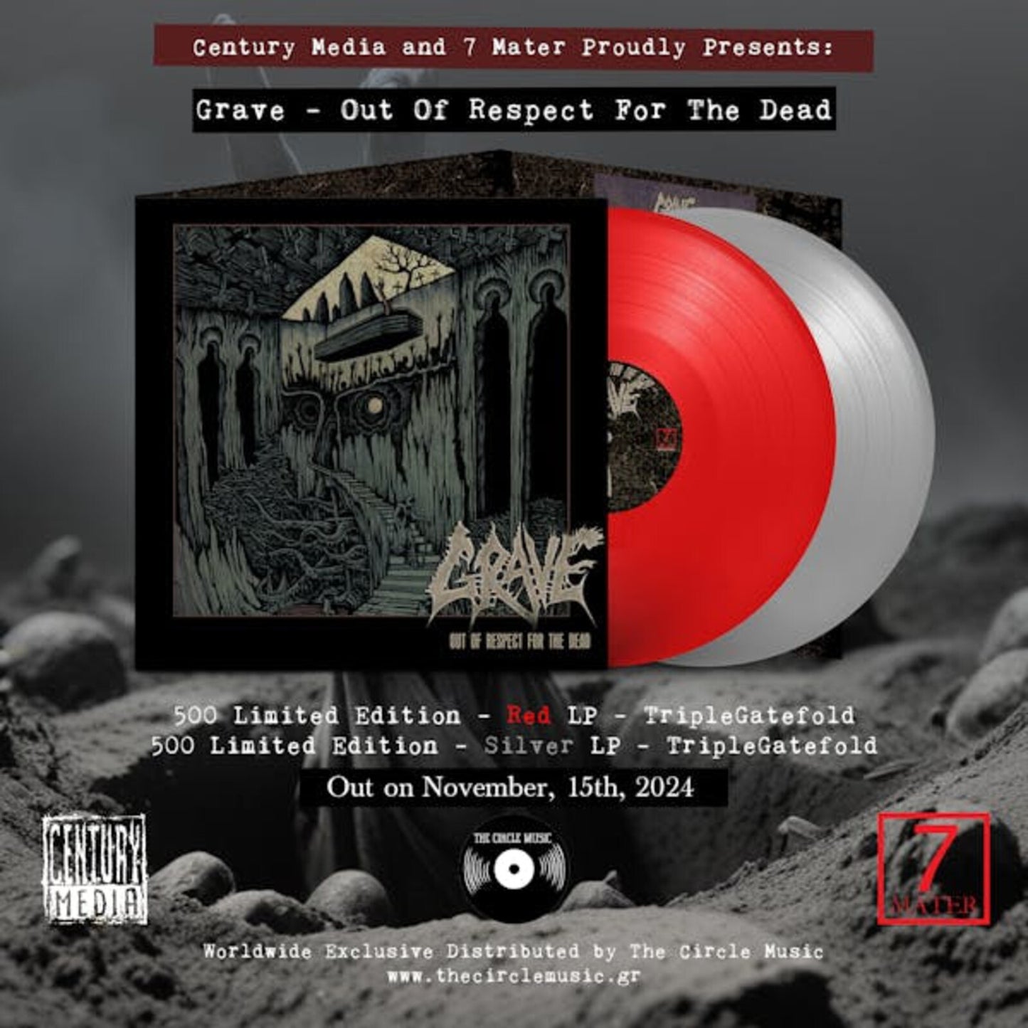Grave album cover with a red and silver triple vinyl record.