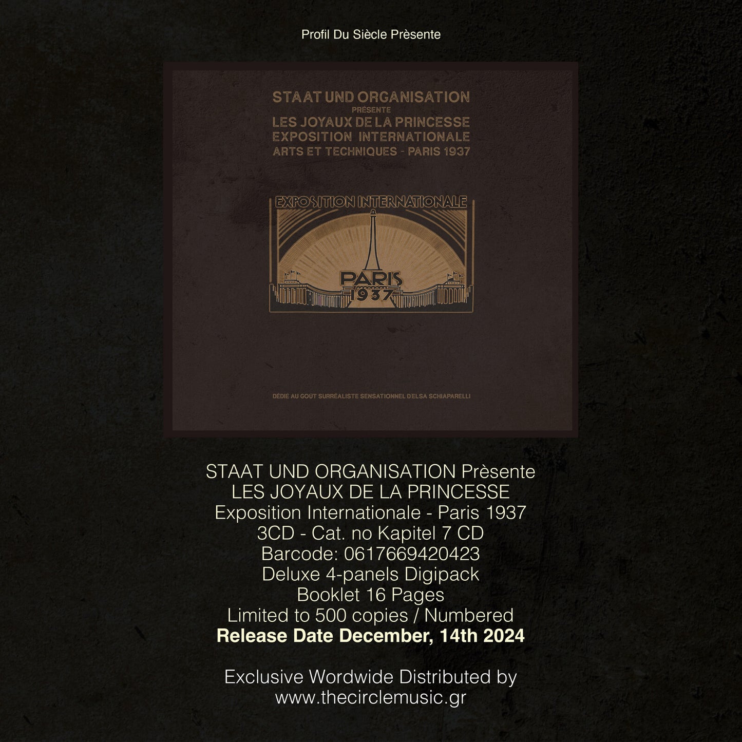 CD cover for "Staat Und Organisation - Les Joyaux De La Princesse" with 1937 Paris Expo imagery.