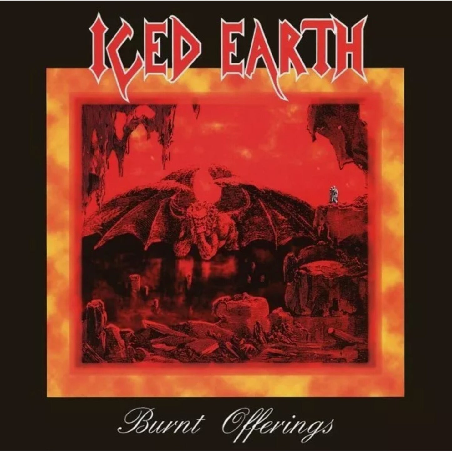 “Burnt Offerings” CD cover: fiery landscape with a demonic figure and ruins.