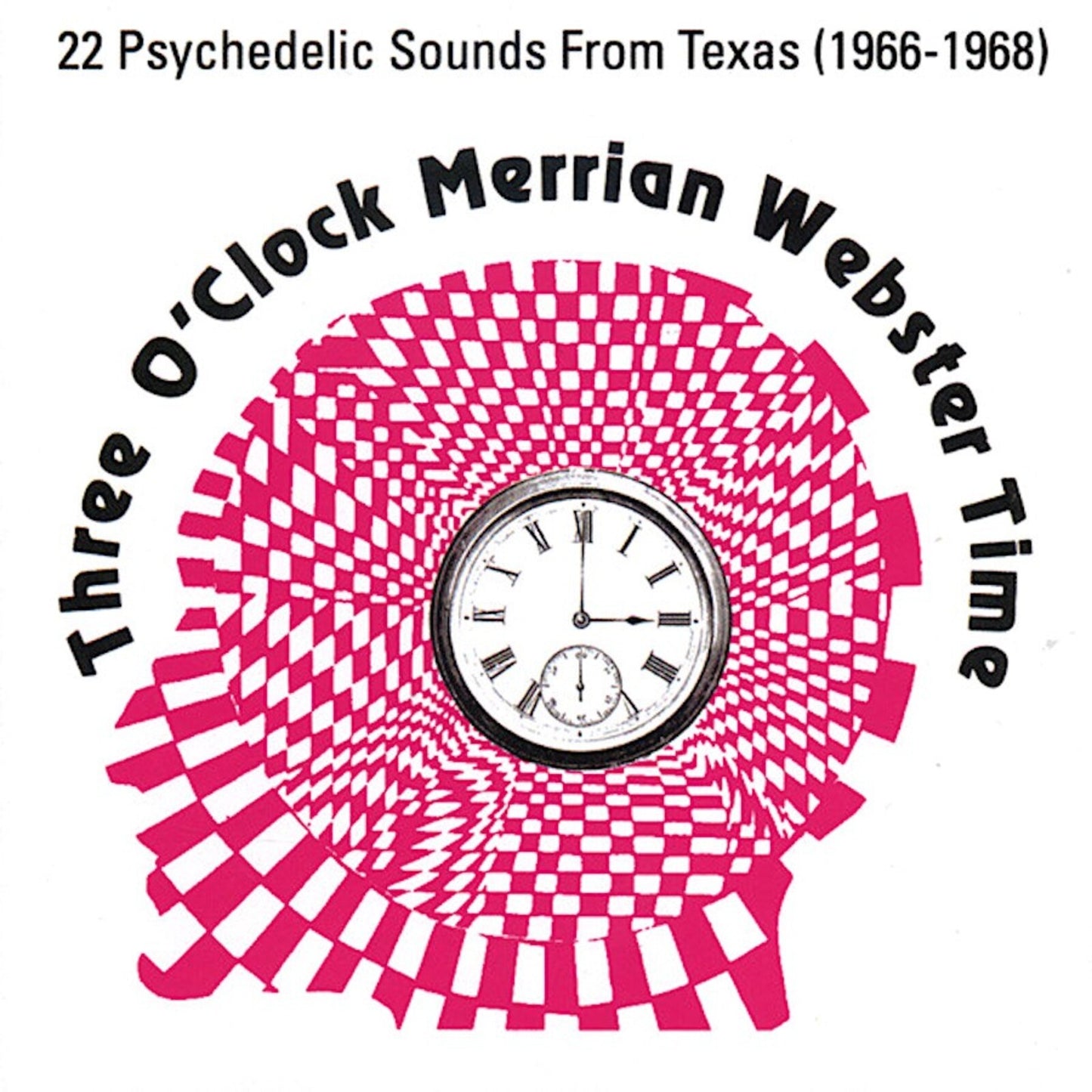 CD cover with a pink and white spiral design and a clock face.