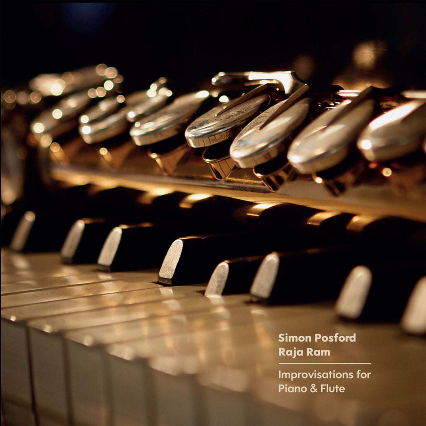 Close-up of piano keys with album title: Simon Posford and Raja Ram.