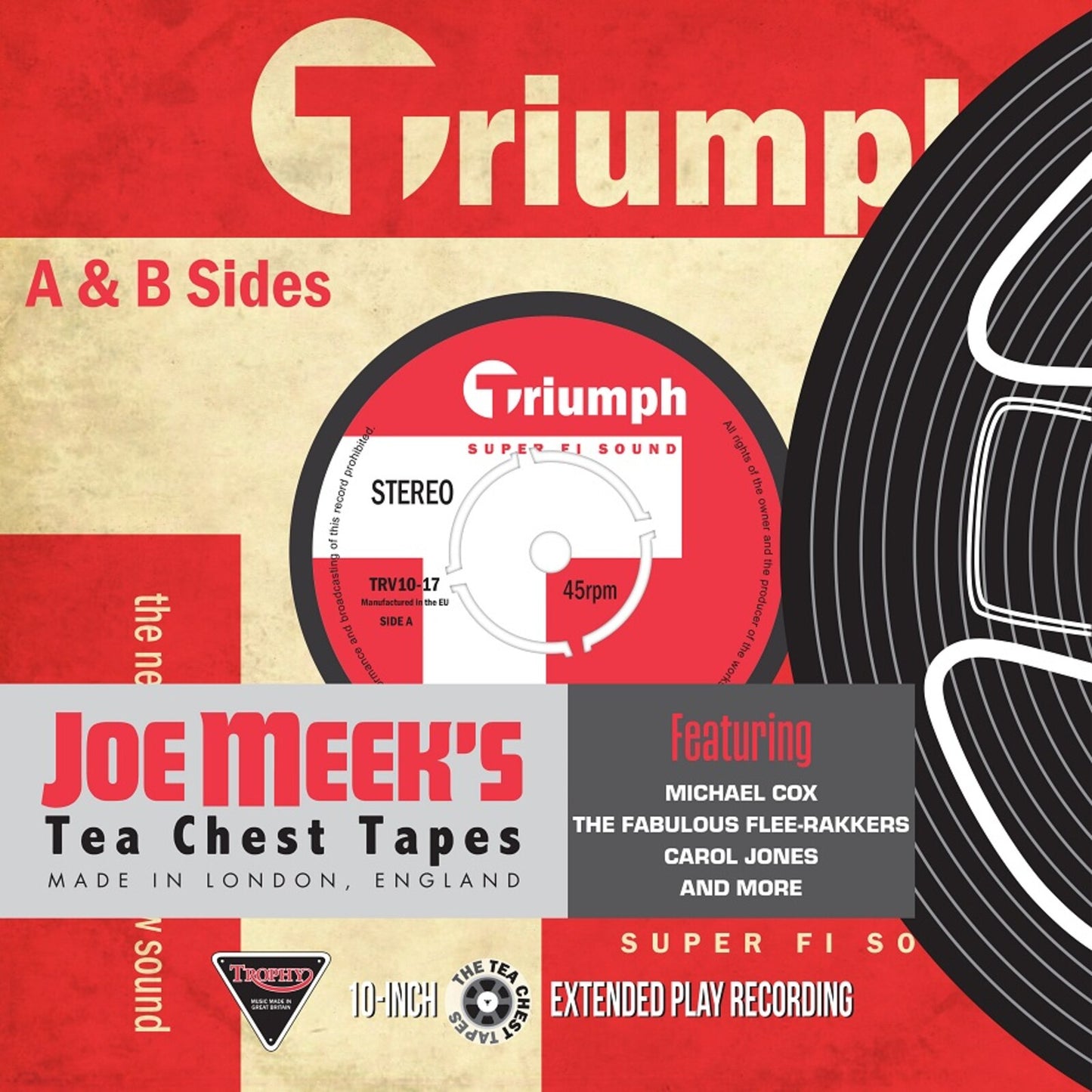 Vinyl record cover for "Triumph A & B Sides" by Joe Meek, red and white.