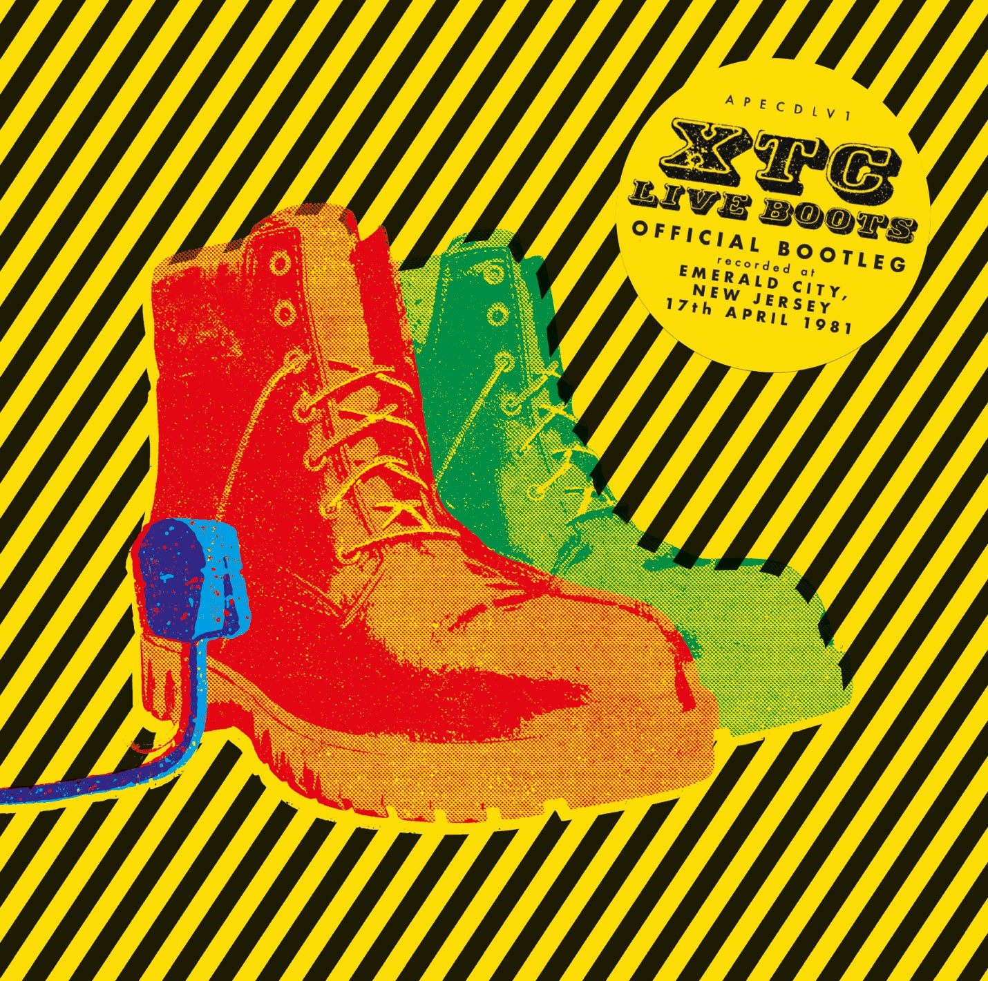 Red and green work boots on a yellow and black striped background with text.