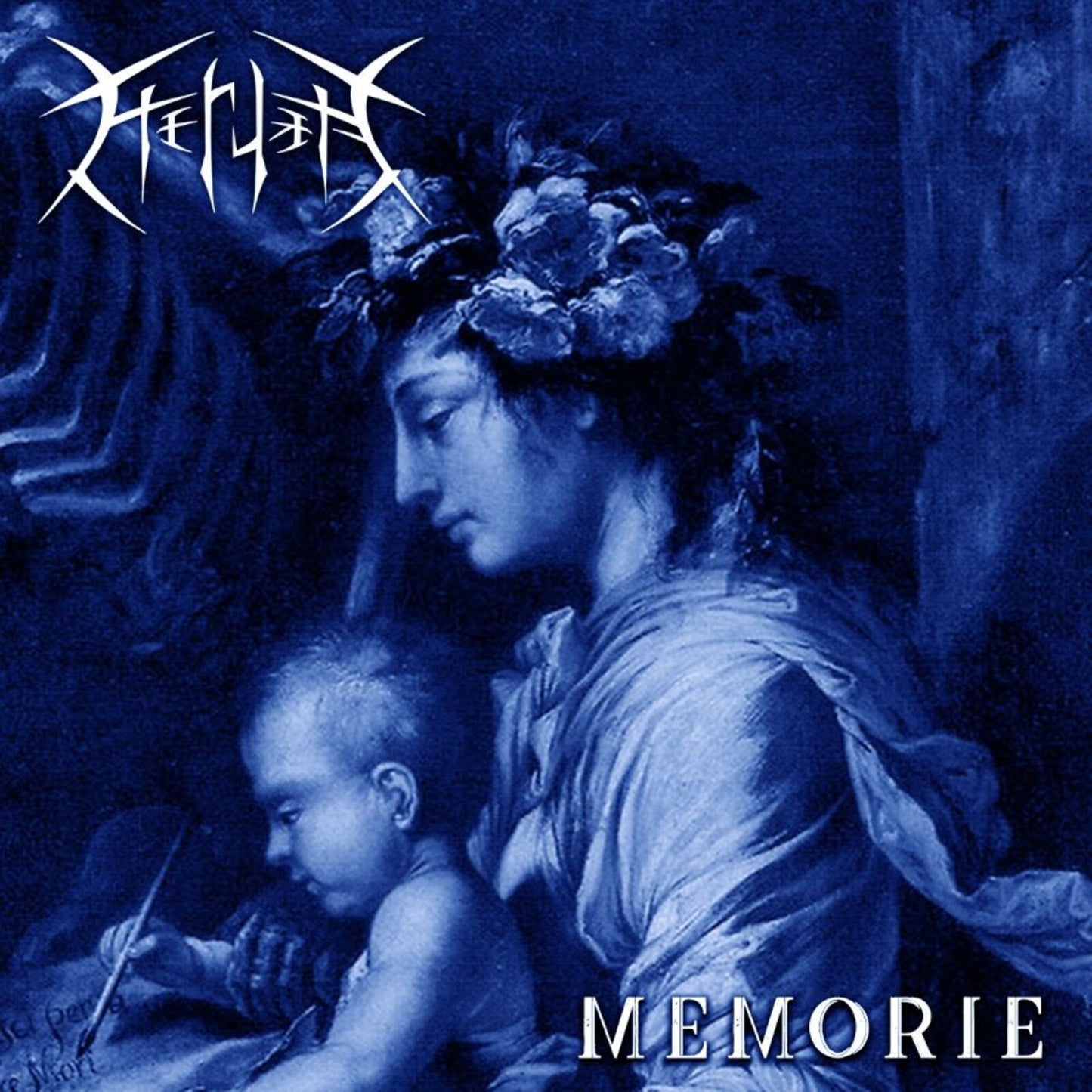 Blue-toned album cover featuring a Madonna and Child painting, with band logo.
