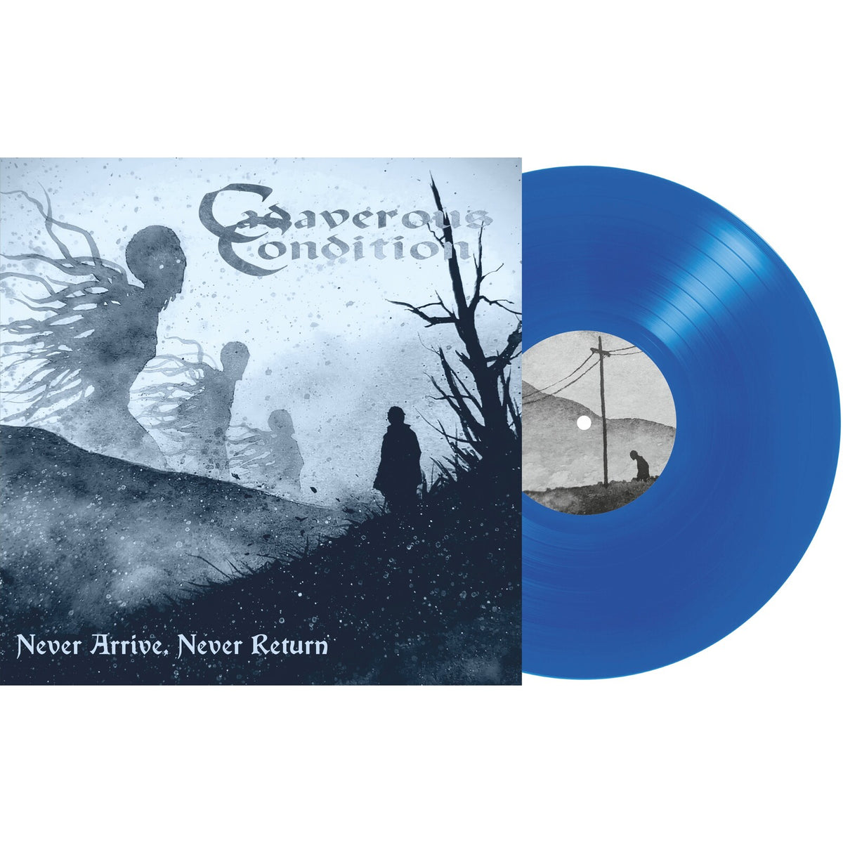 Blue vinyl record with album cover depicting shadowy figures in a landscape.
