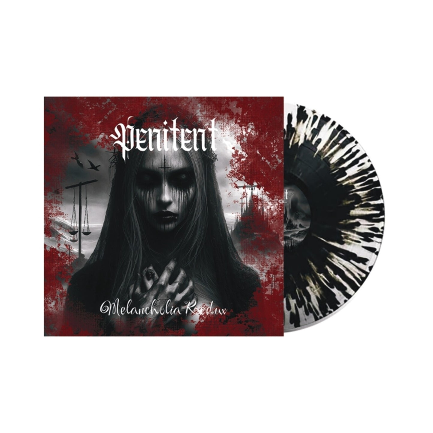 Vinyl record cover featuring a distressed woman’s face and red splatter effect.