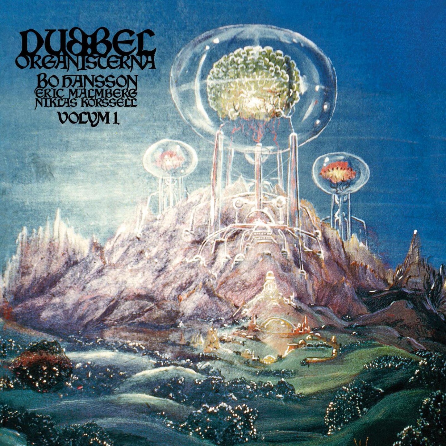 Album cover with surreal, colorful illustration of a fantastical landscape.