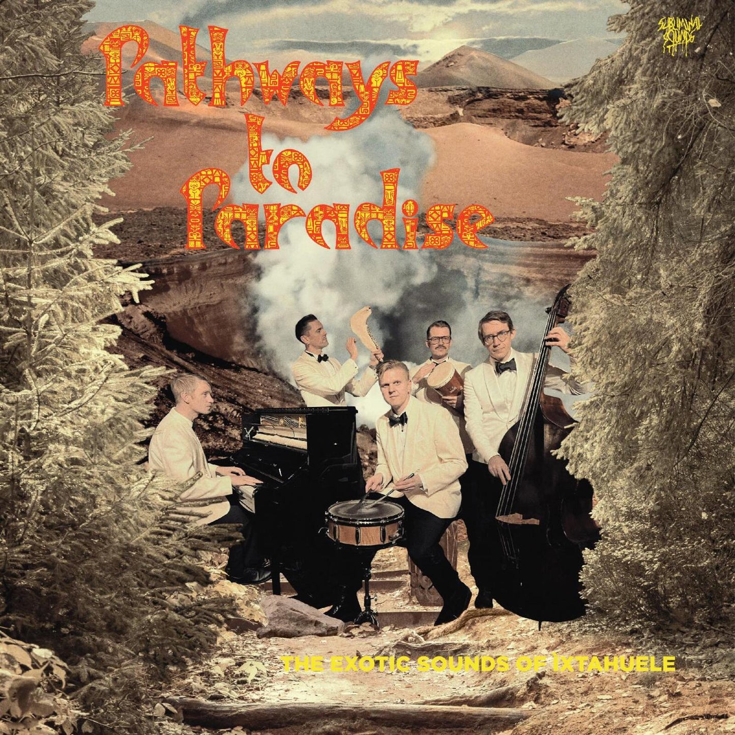 Vintage album cover featuring a band in white suits amidst a forest.