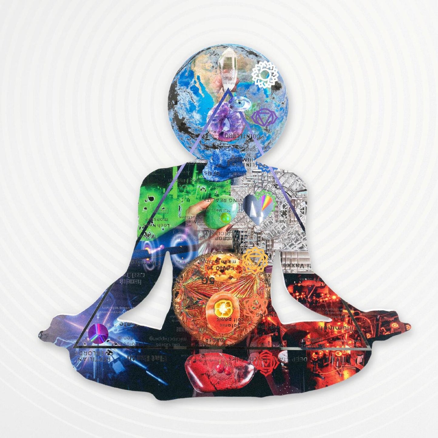 Vinyl record with a silhouette of a meditating figure filled with collage.