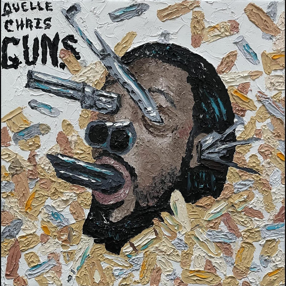 Painted album cover for Quelle Chris’ “Guns” featuring a face and guns.