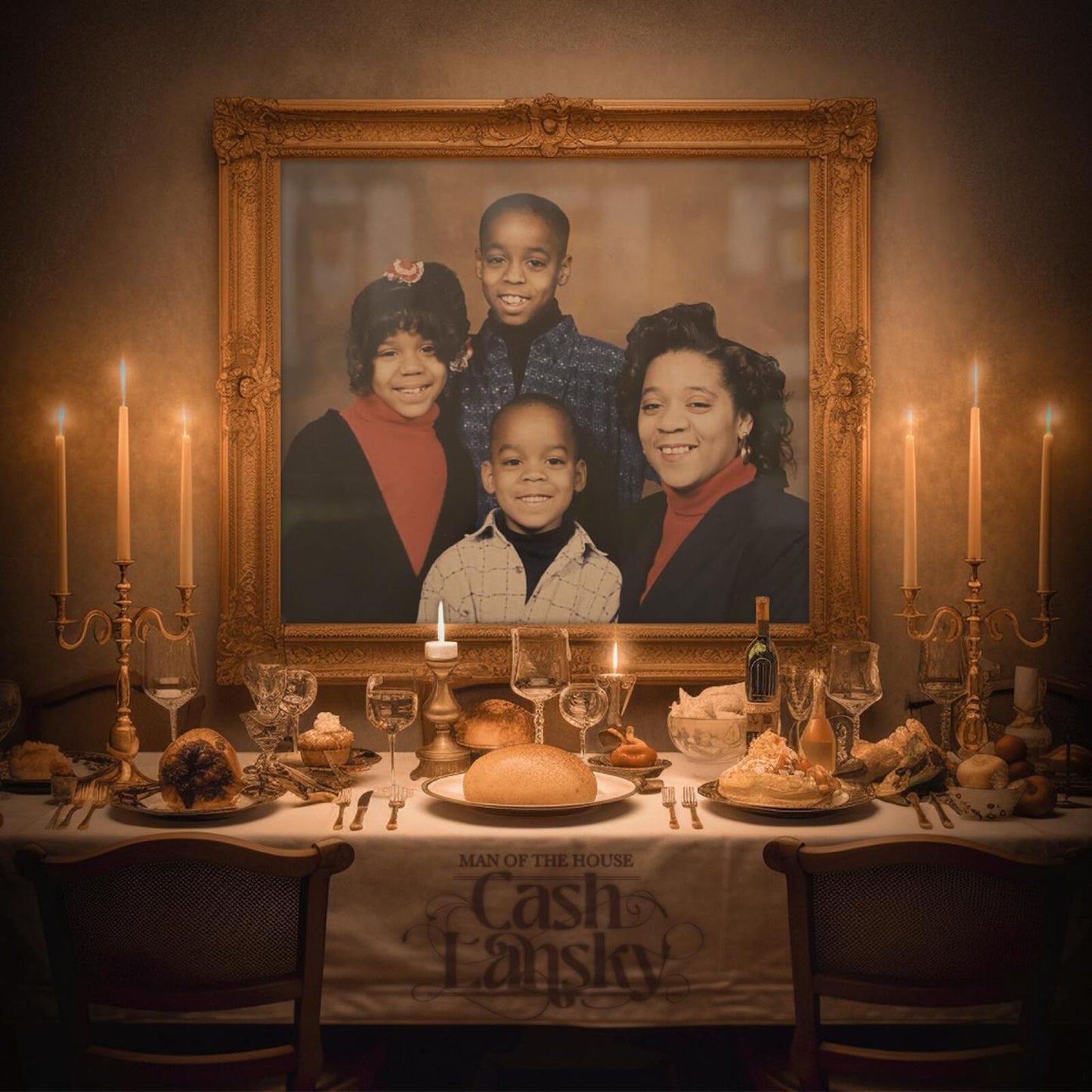 Family portrait in ornate gold frame with candles and a feast.