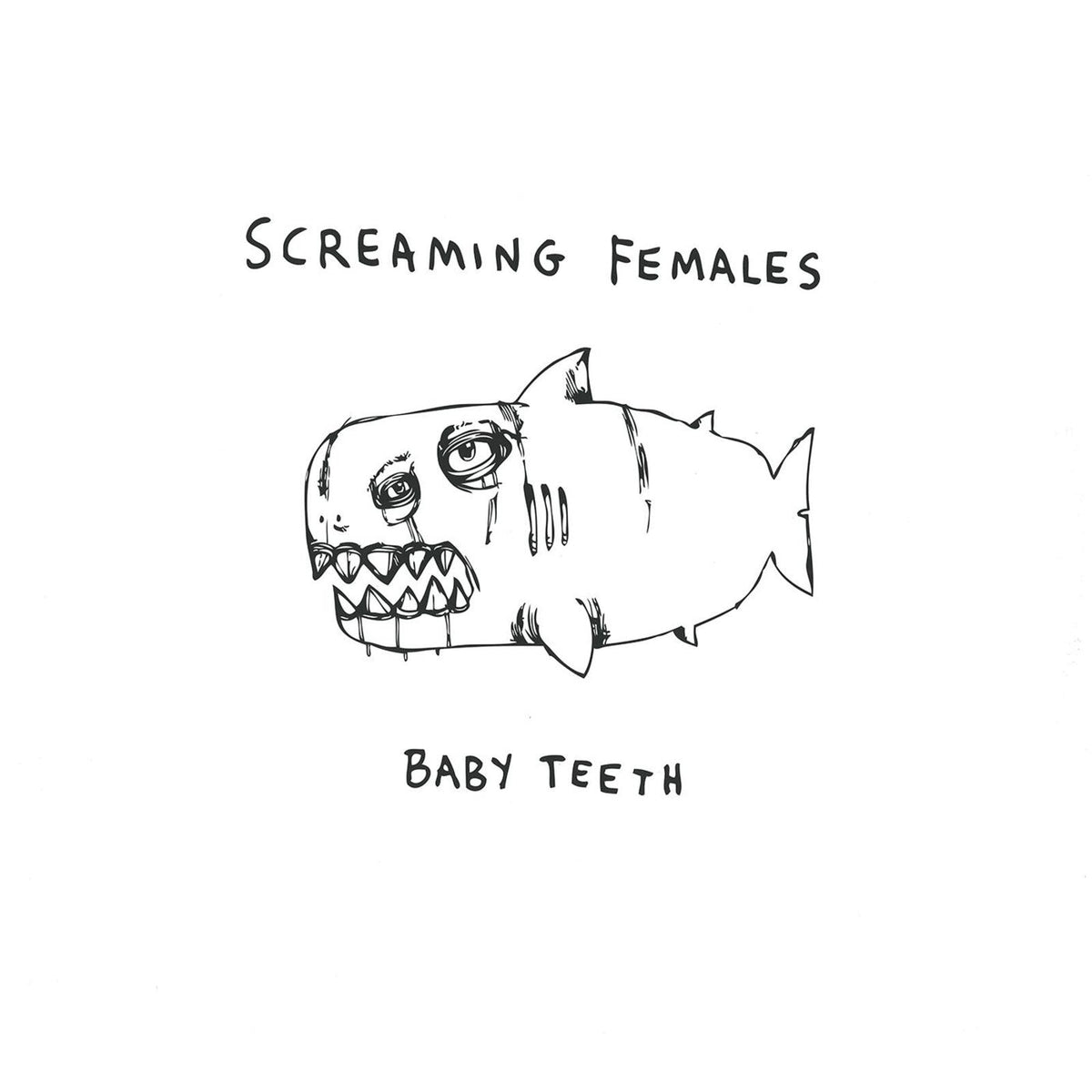 Black and white sketch of a shark with human teeth and eyes.
