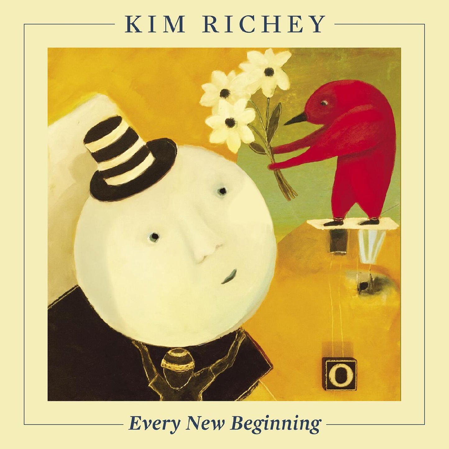 Album cover with a white face, red bird, and white flowers.