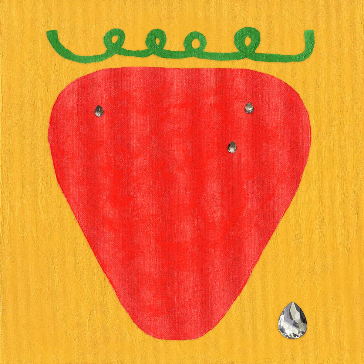 Red strawberry with green leaves and gem on yellow background.
