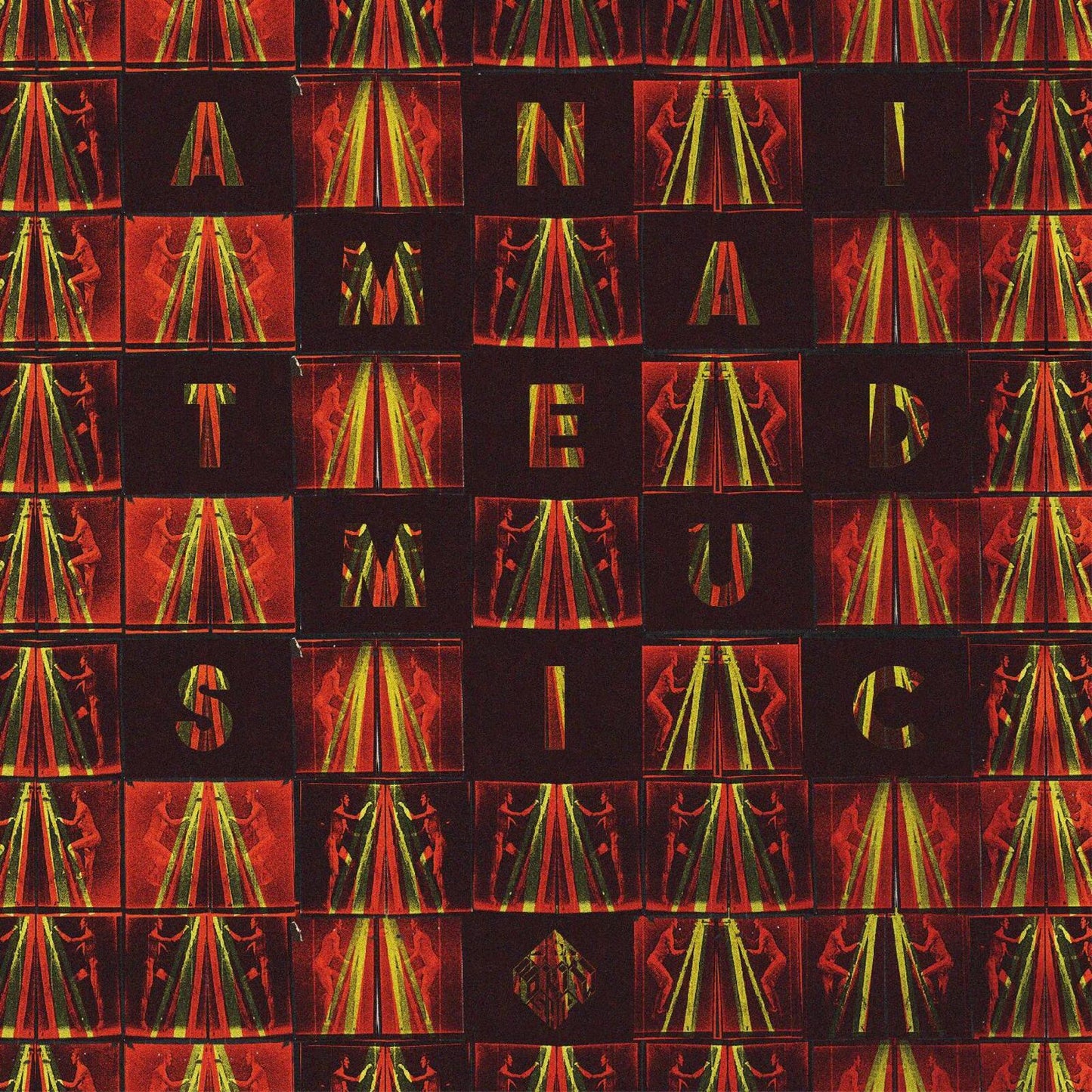 Red and gold patterned vinyl record cover with repeating geometric shapes.
