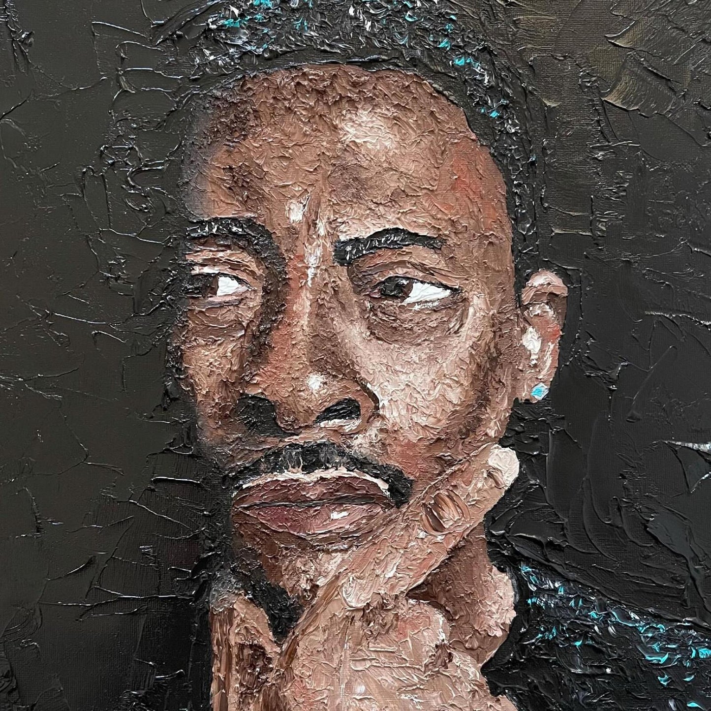 Textured portrait of Pete Rock with dark background and metallic highlights.