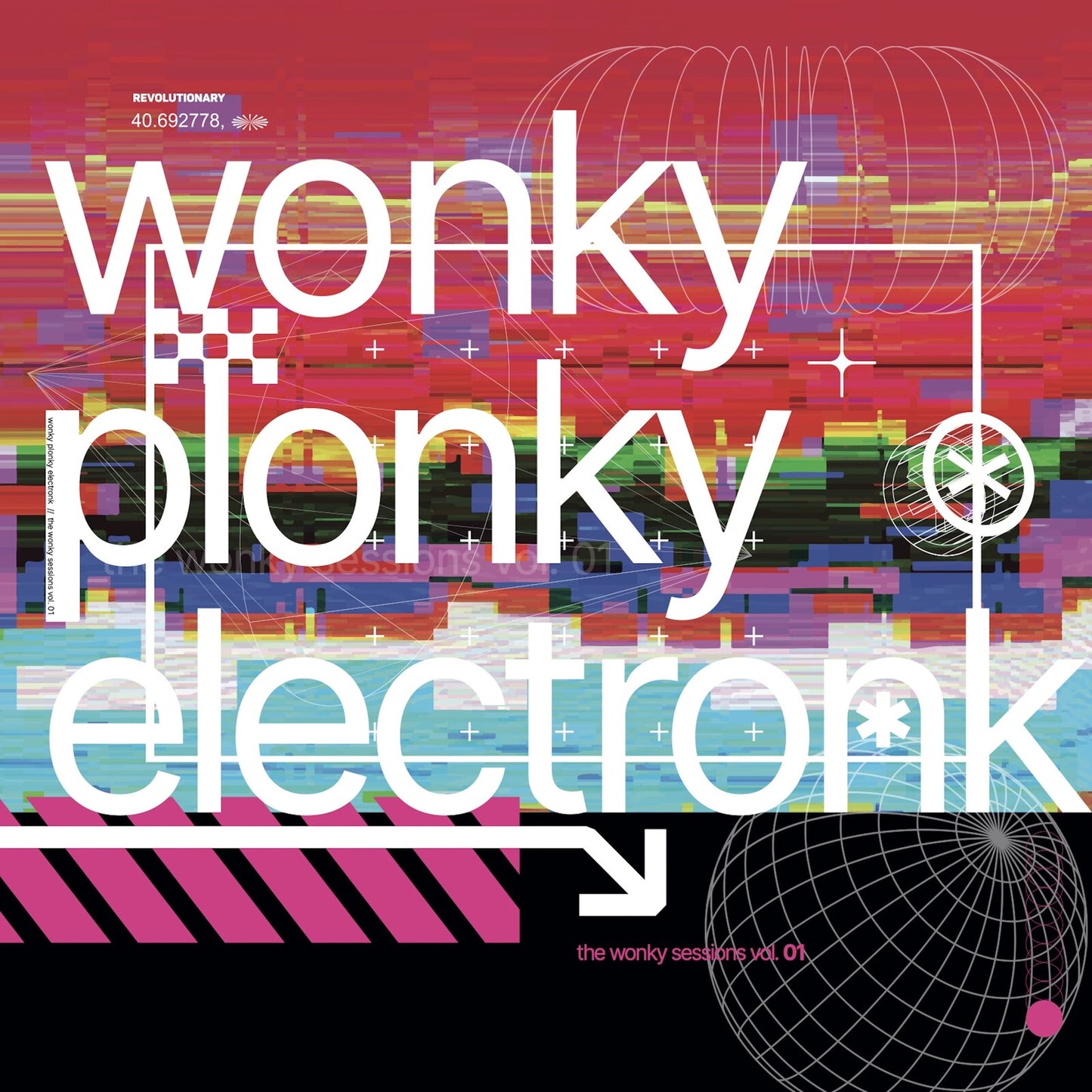 Album cover with glitch art background, white text reading wonky plonky electronk, and wireframe graphics.