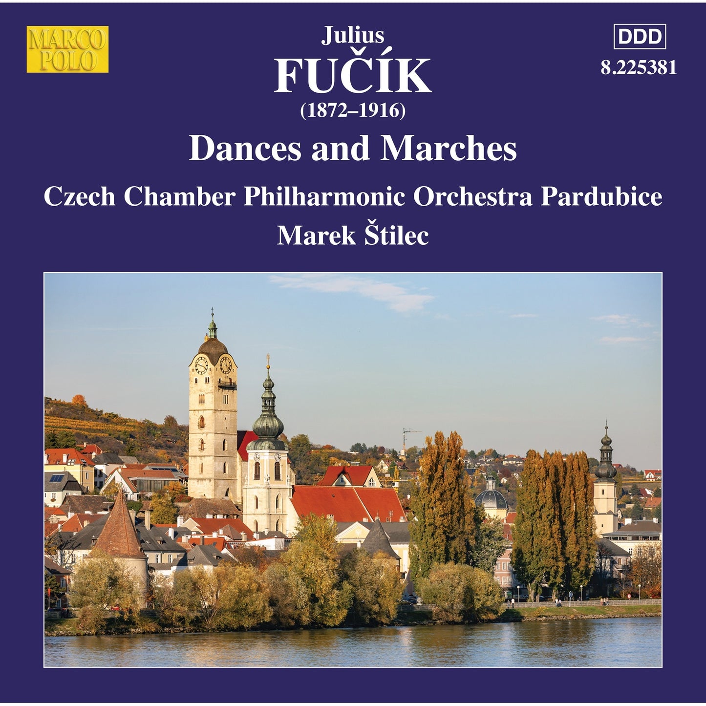 CD cover for Julius Fučík’s “Dances and Marches” with a townscape.