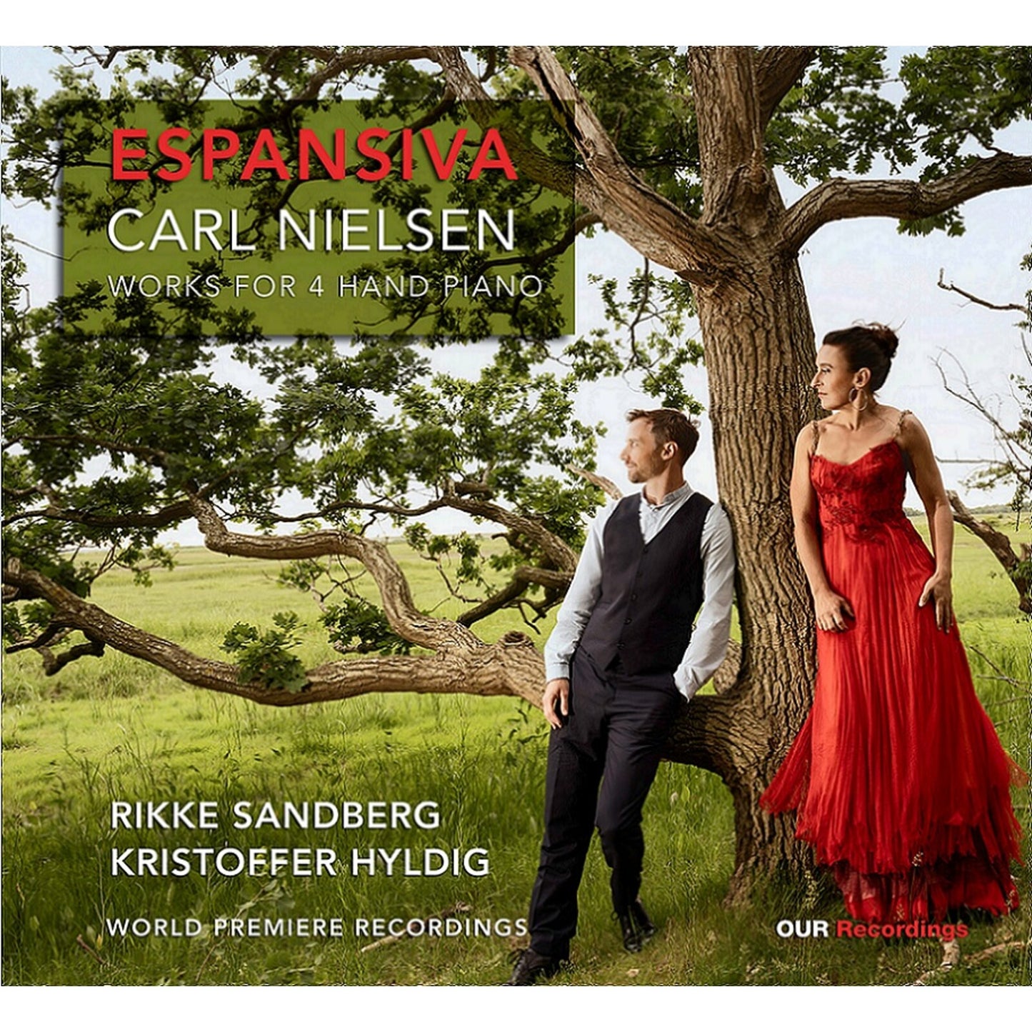 CD cover featuring two pianists under a tree, Carl Nielsen works.
