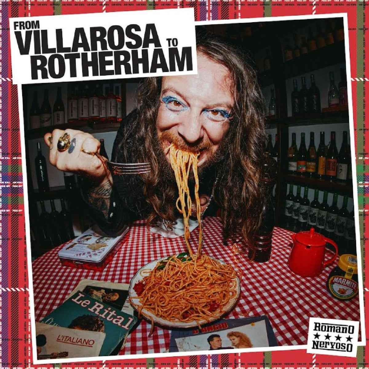 Album cover: man eating spaghetti at a table with bottles.