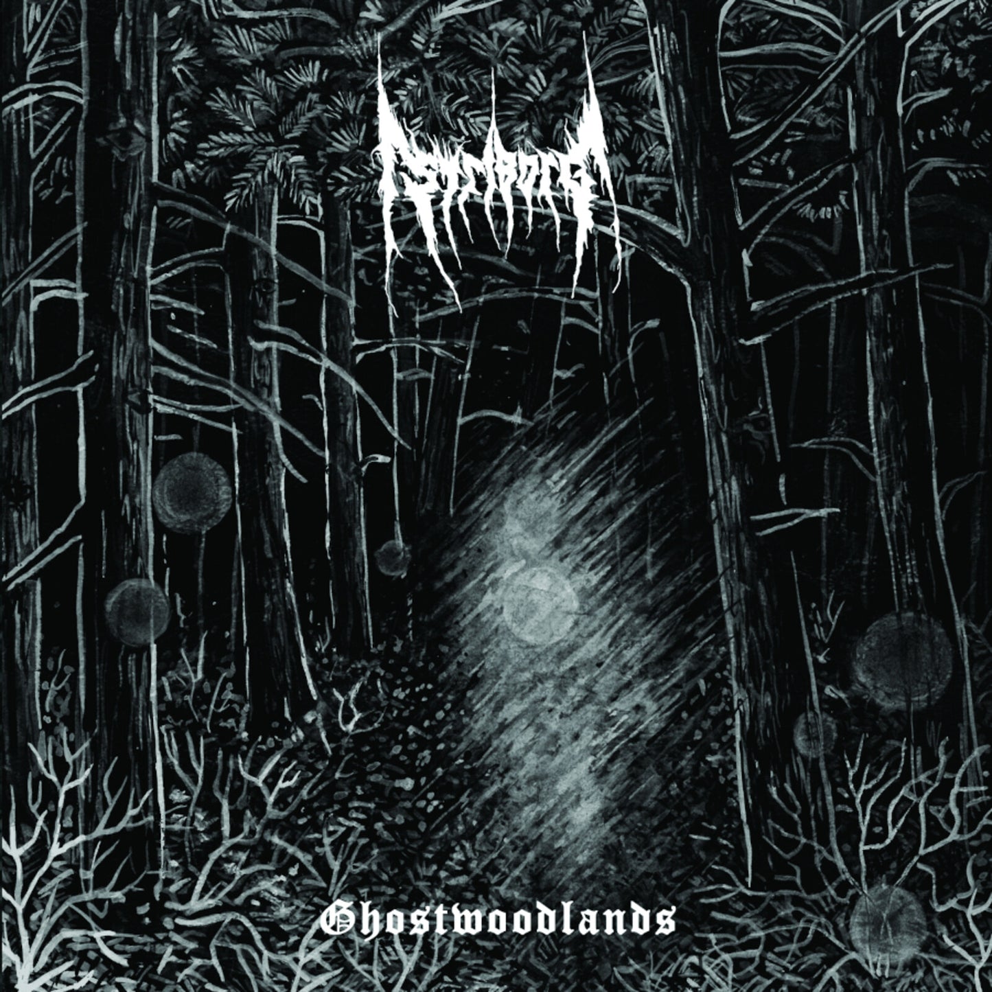 Black and white illustration of a dense, ghostly forest with band logo.