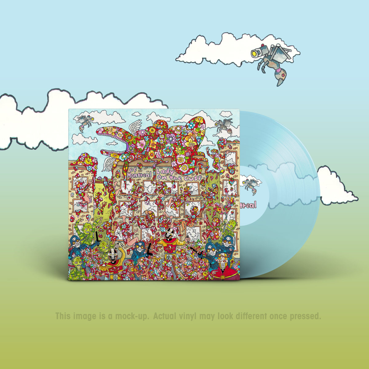 Light blue vinyl record partiallyC and colorful illustrated album cover against a blue background.