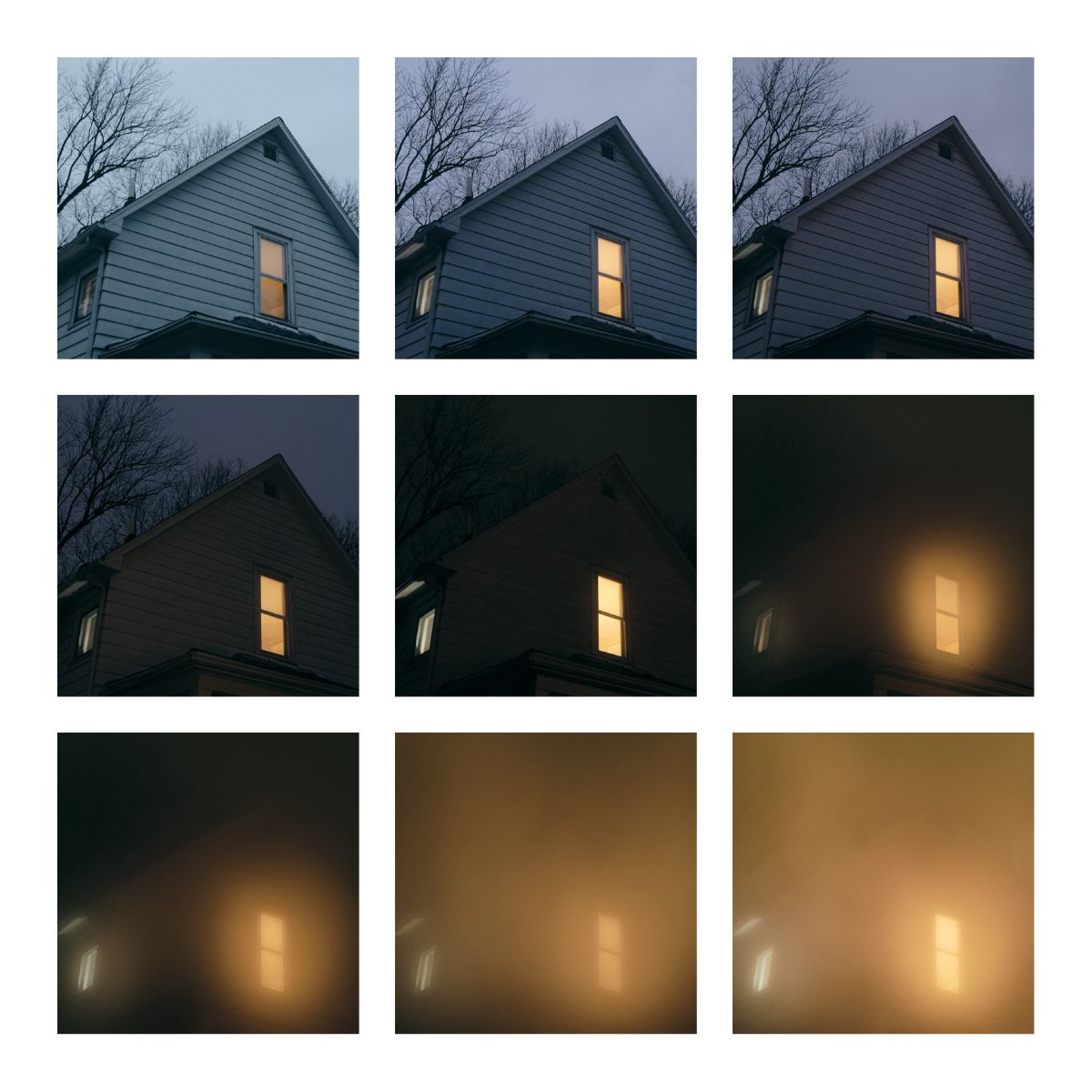 CD cover with nine images of a house window glowing in twilight.