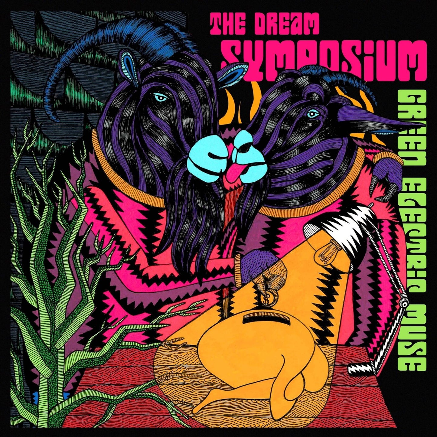 Colorful illustration of animal heads and cacti, album cover art.