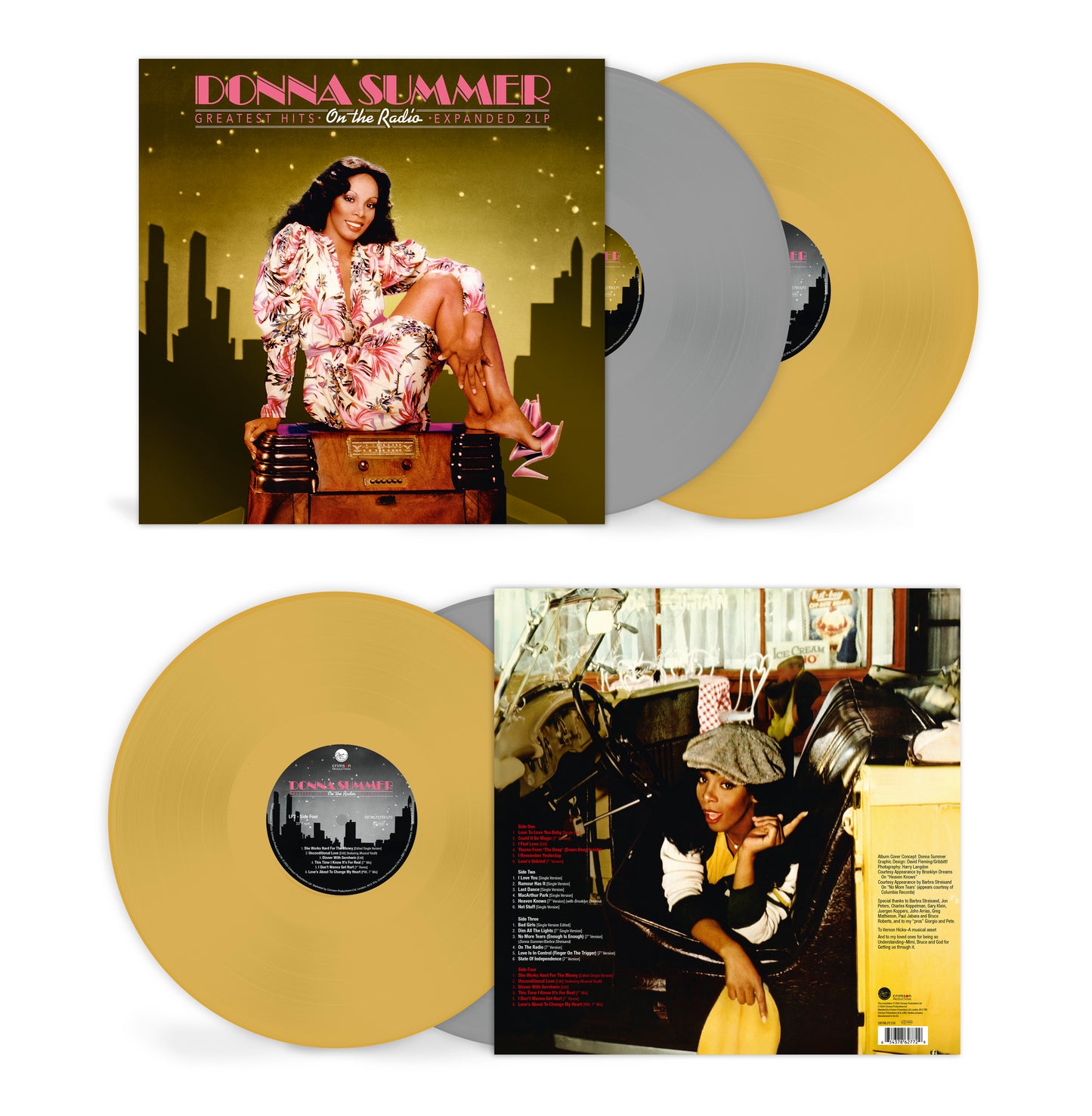 Donna Summer’s “On The Radio” coloured vinyl 2LP record set displayed.