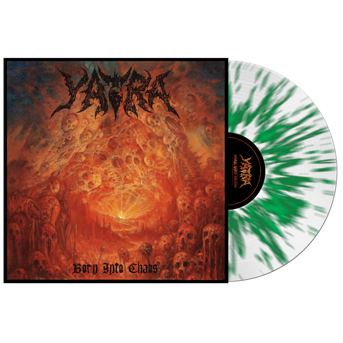 Yatra "Born Into Chaos" vinyl record with fiery album art and green swirl.