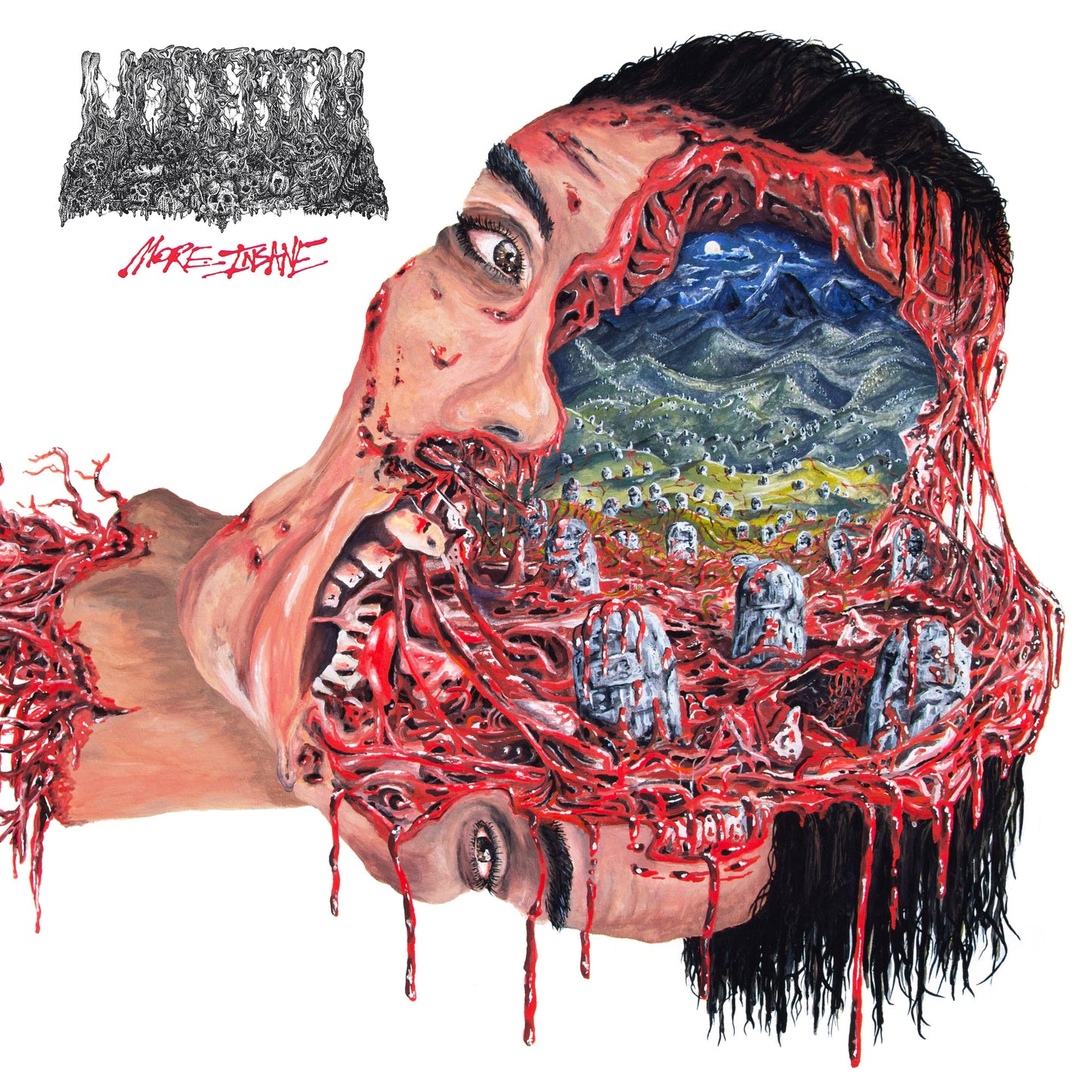 CD cover: Distorted face with exposed brain and graveyard landscape.
