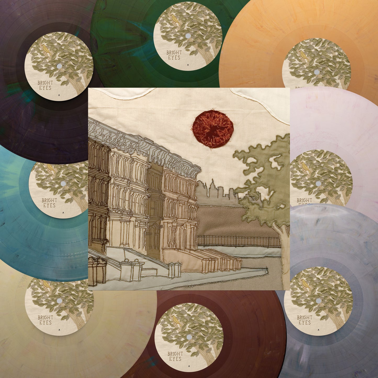 Bright Eyes vinyl record album cover with a building and red sun.