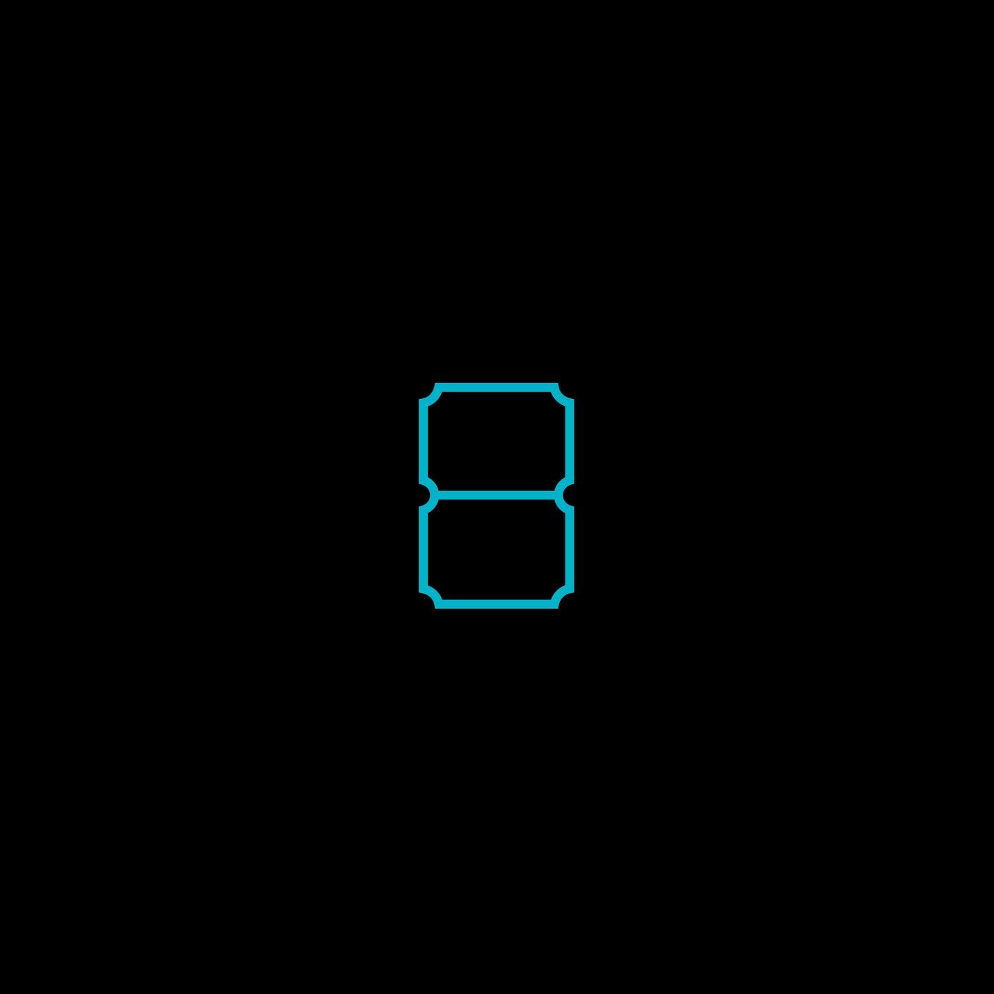 Black background with a large, teal number eight and geometric shapes.