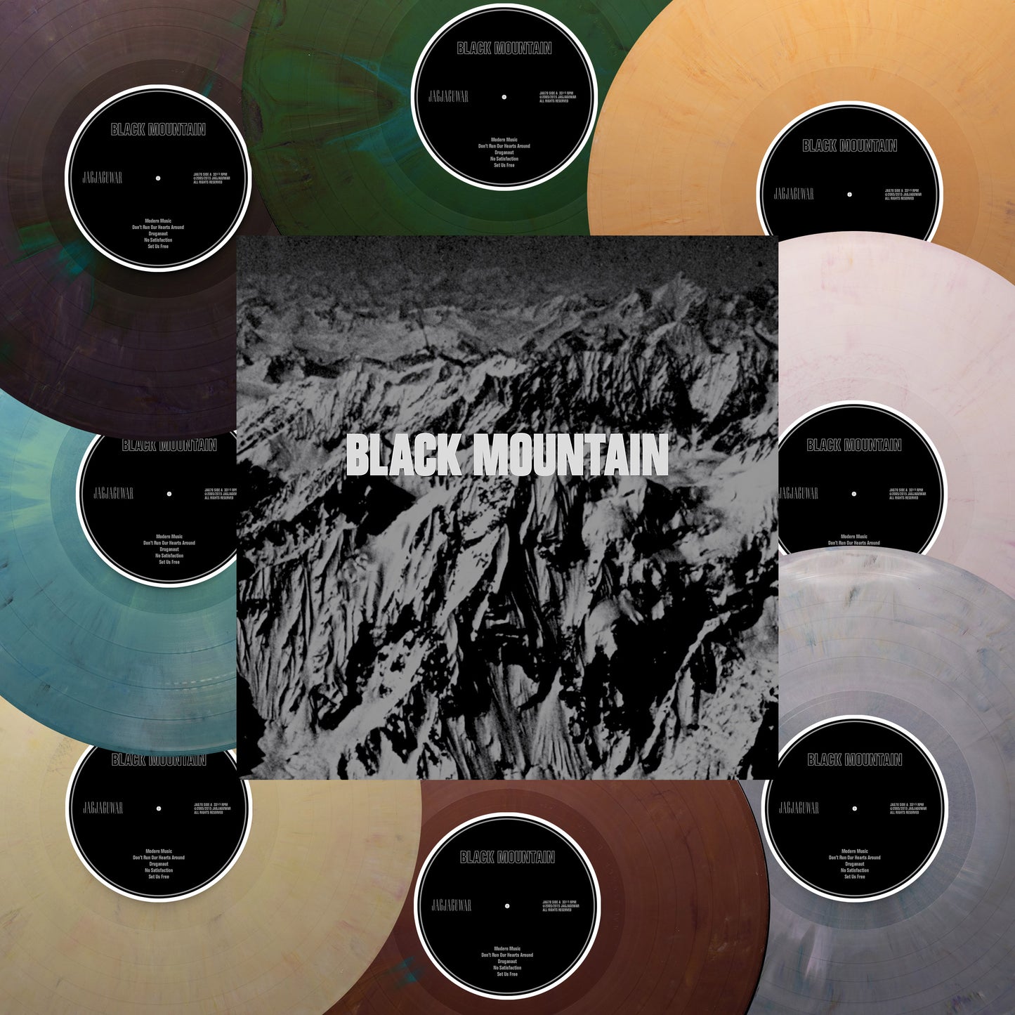 Album cover with collage of colorful vinyl records and architectural sketch.